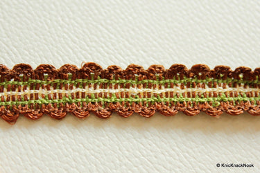 Brown, Green And Beige Thread Lace Trim, 15mm wide